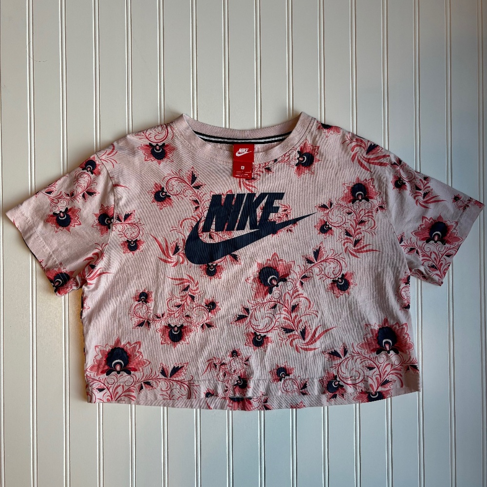 VTG Y2K Nike Big Logo Crop Top Oversized Floral Athletic T-Shirt Women L Pink